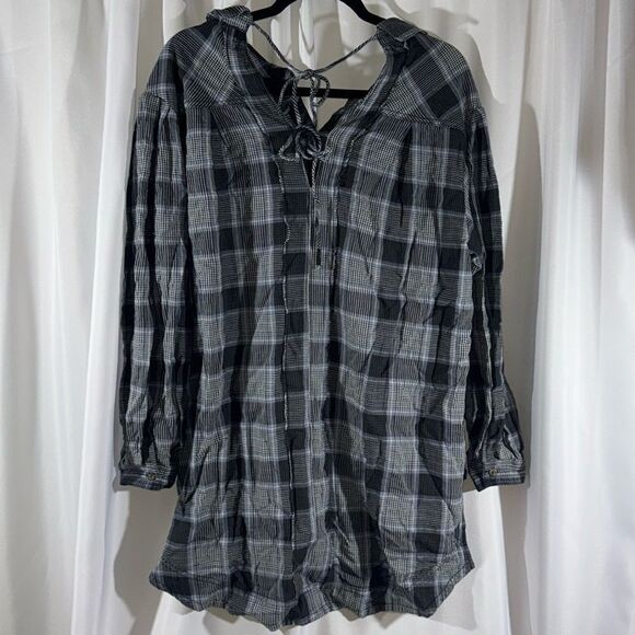 FREE PEOPLE WILDSIDE PLAID TUNIC TOP IN Blue Black Plaid XS New - Picture 5 of 9
